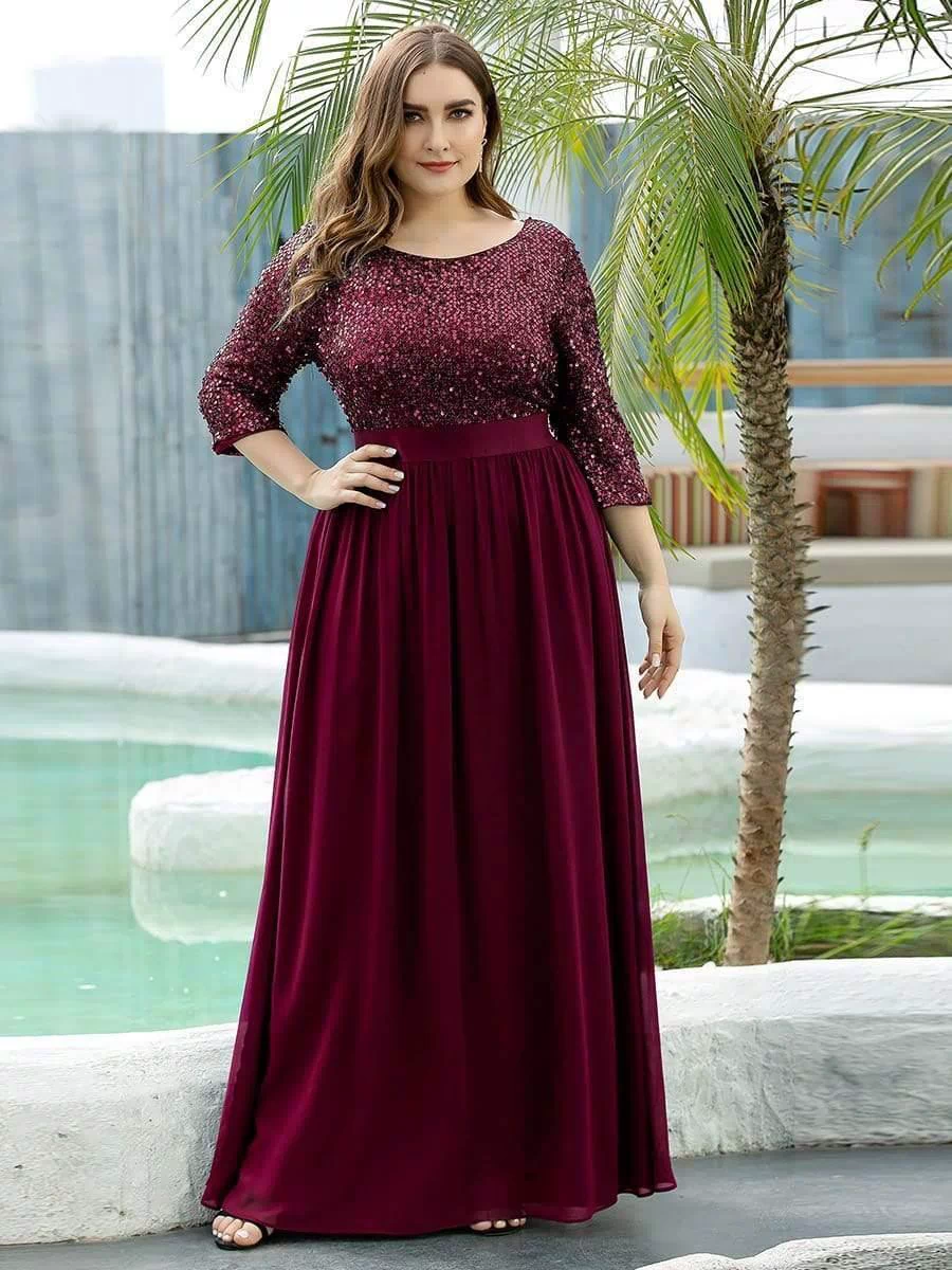 Plus Size Sequin 3/4 Sleeves Dresses #color_Burgundy 