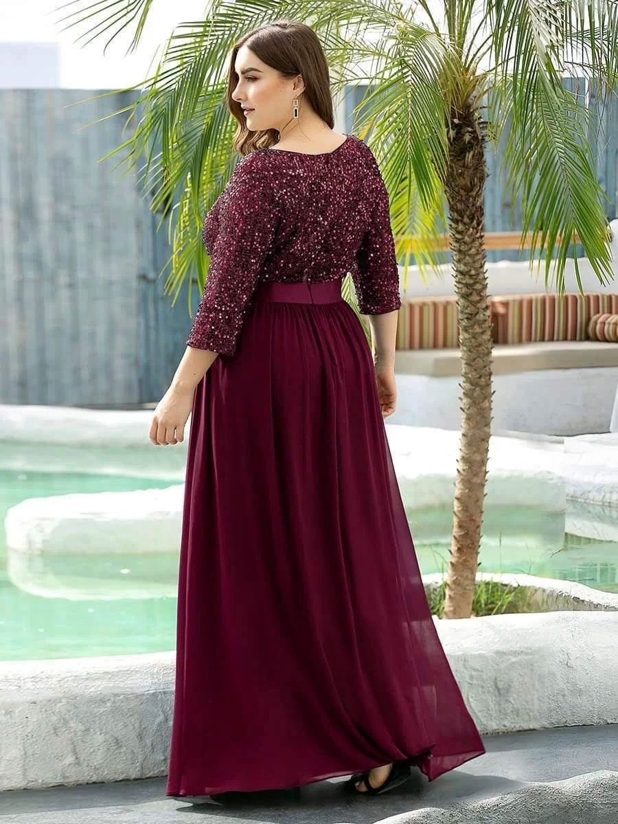 Plus Size Sequin 3/4 Sleeves Dresses #color_Burgundy 