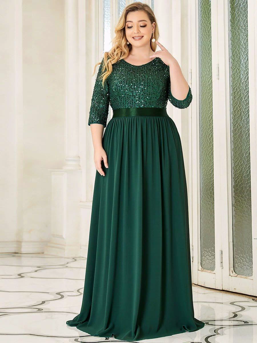 Plus Size Sequin 3/4 Sleeves Dresses #color_Dark Green 