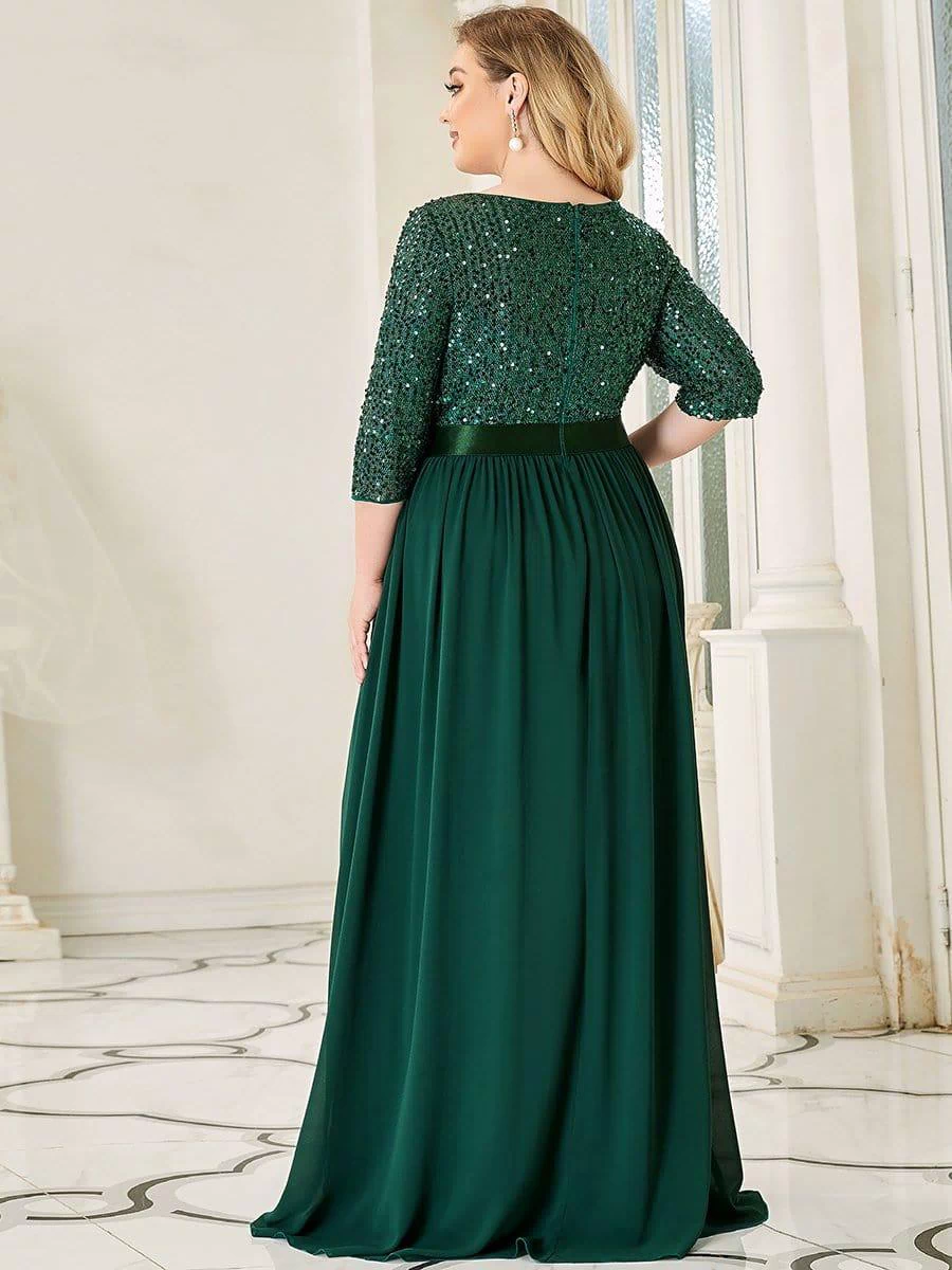 Plus Size Sequin 3/4 Sleeves Dresses #color_Dark Green 