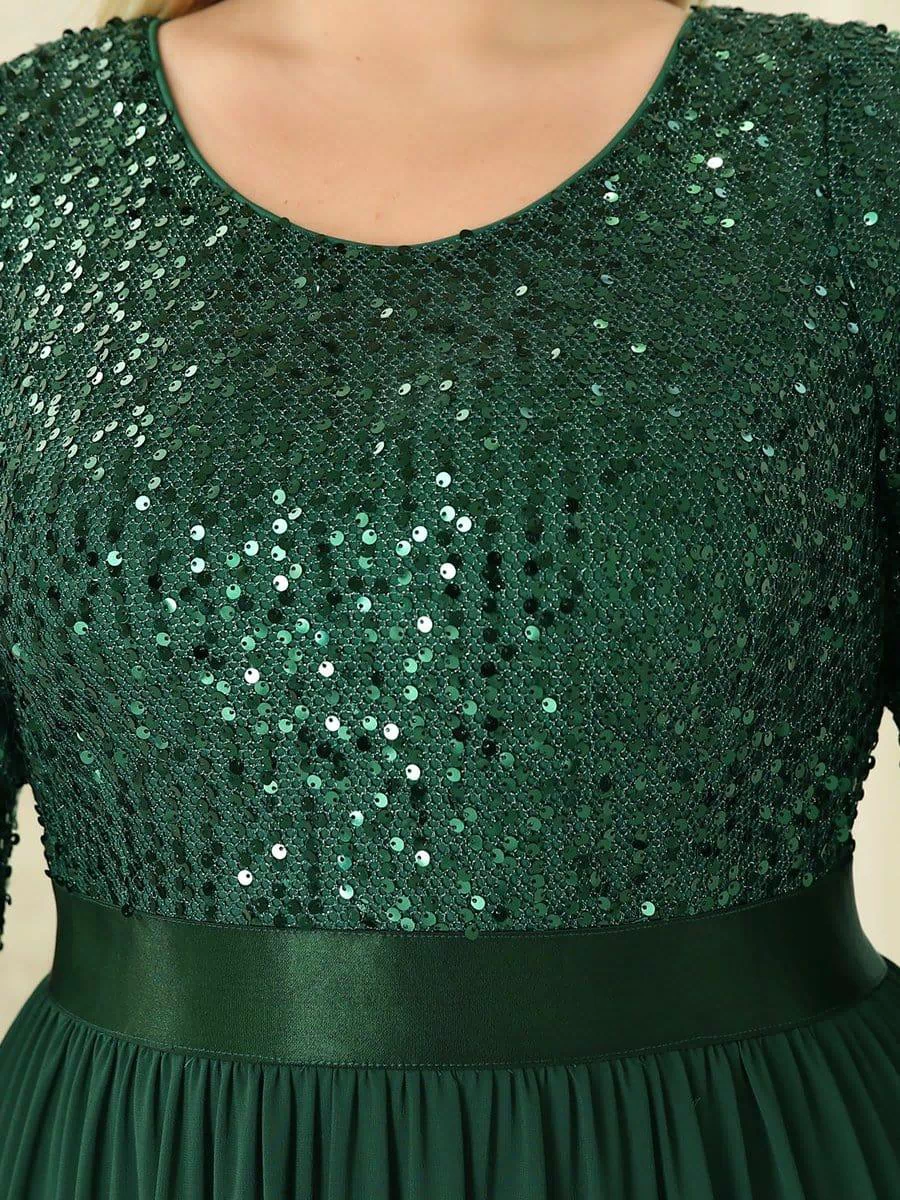 Plus Size Sequin 3/4 Sleeves Dresses #color_Dark Green 