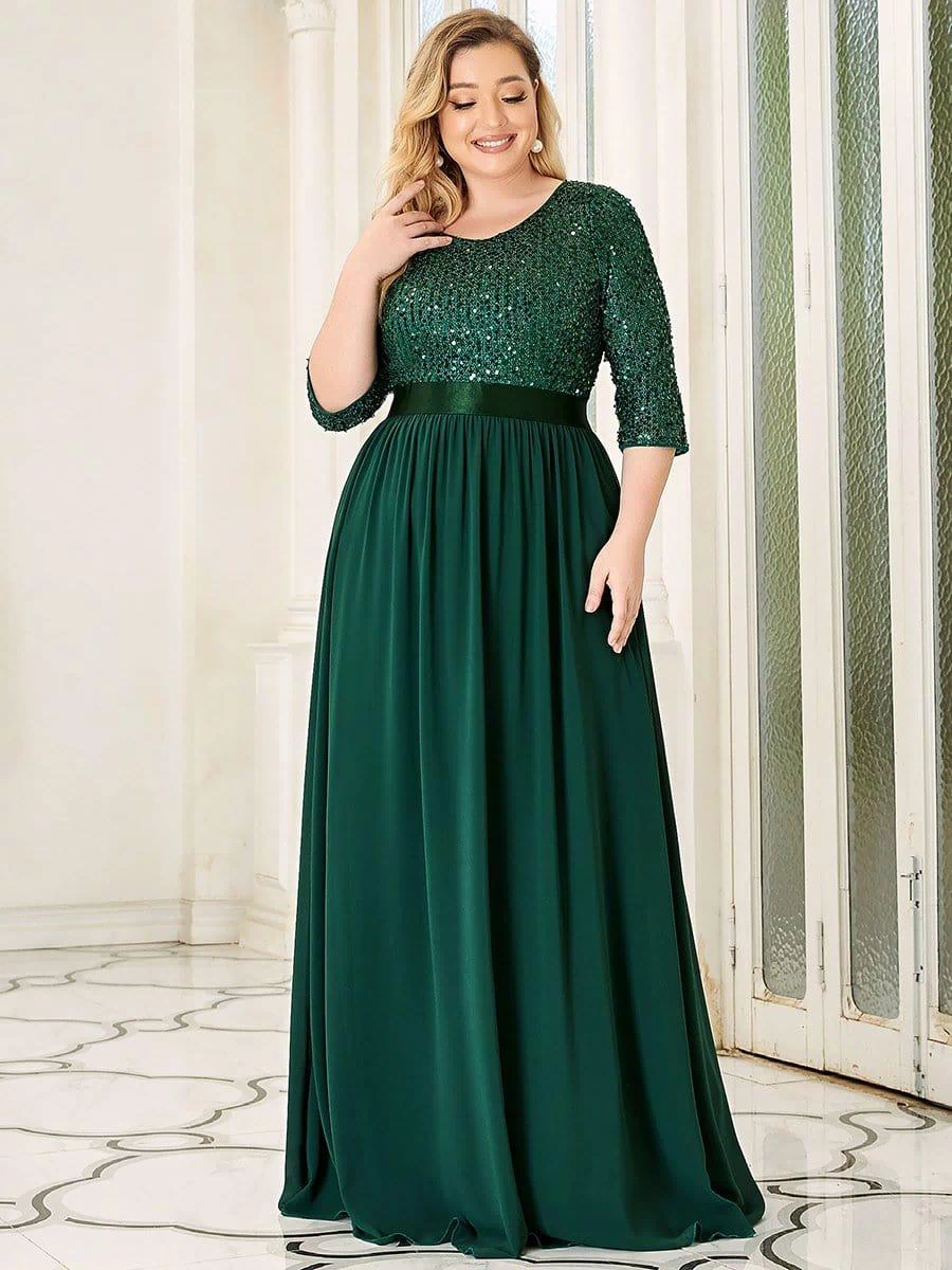 Plus Size Sequin 3/4 Sleeves Dresses #color_Dark Green 