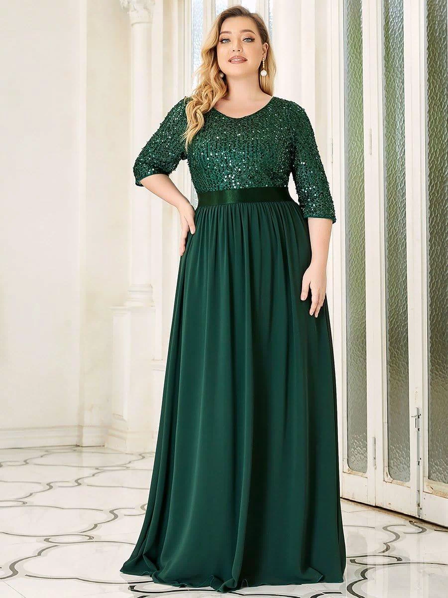 Plus Size Sequin 3/4 Sleeves Dresses #color_Dark Green 