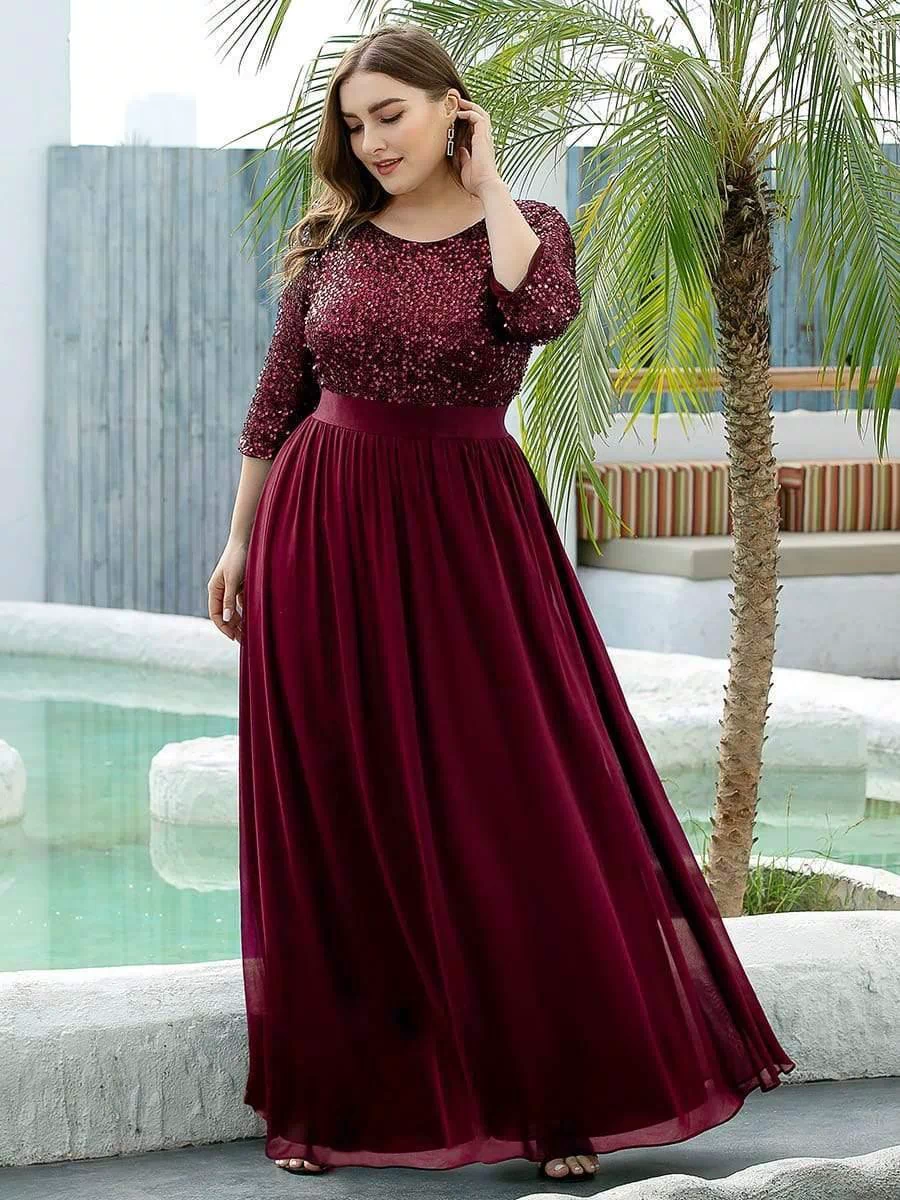 Plus Size Sequin 3/4 Sleeves Dresses #color_Burgundy 