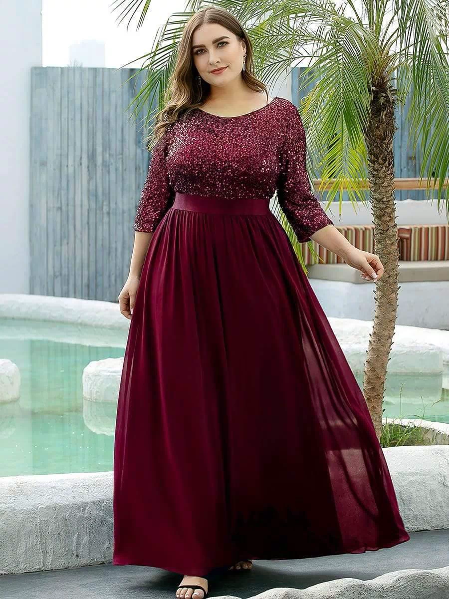 Plus Size Sequin 3/4 Sleeves Dresses #color_Burgundy 