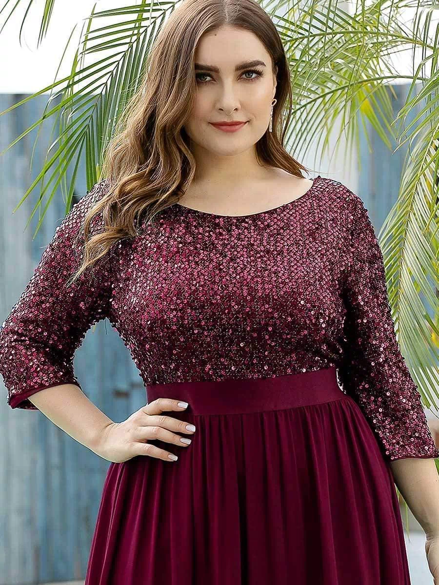Plus Size Sequin 3/4 Sleeves Dresses #color_Burgundy 