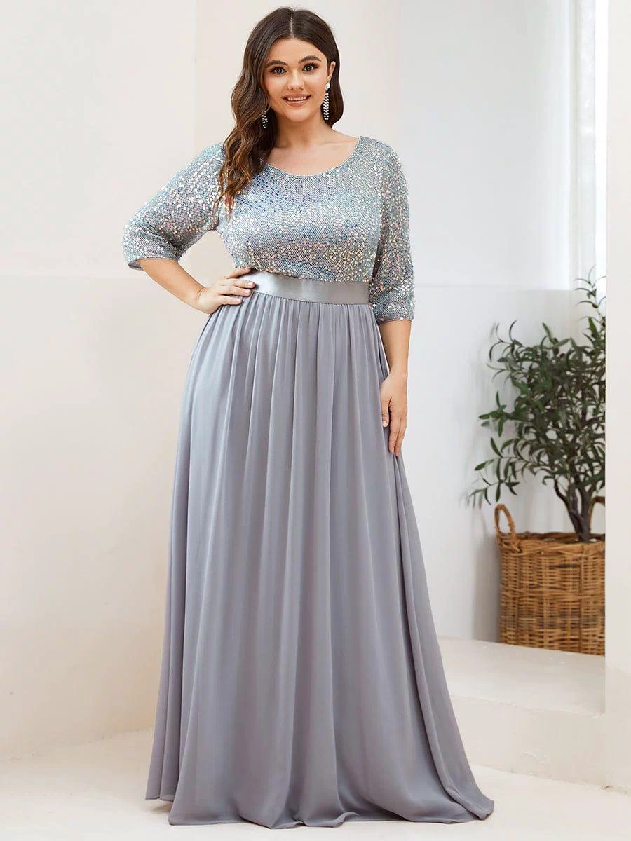 Plus Size Sequin 3/4 Sleeves Dresses #color_Silver 