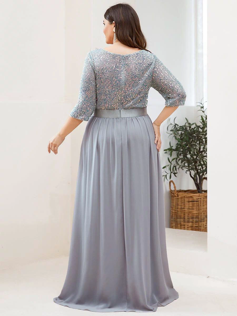Plus Size Sequin 3/4 Sleeves Dresses #color_Silver 