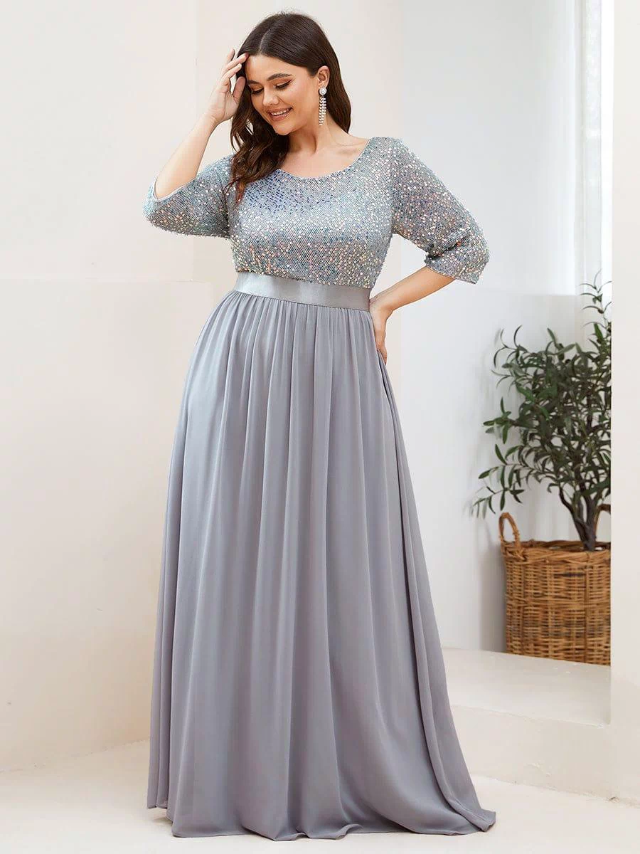 Plus Size Sequin 3/4 Sleeves Dresses #color_Silver 