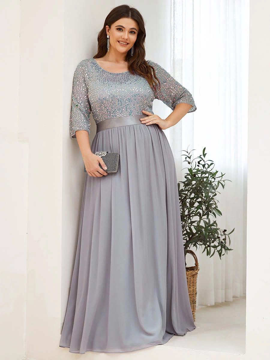 Plus Size Sequin 3/4 Sleeves Dresses #color_Silver 