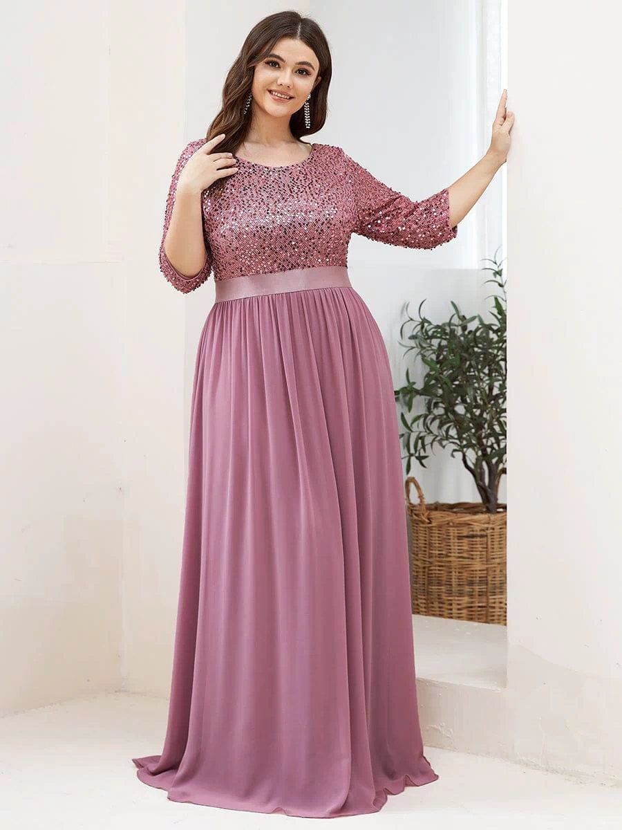 Plus Size Sequin 3/4 Sleeves Dresses #color_Purple Orchid 