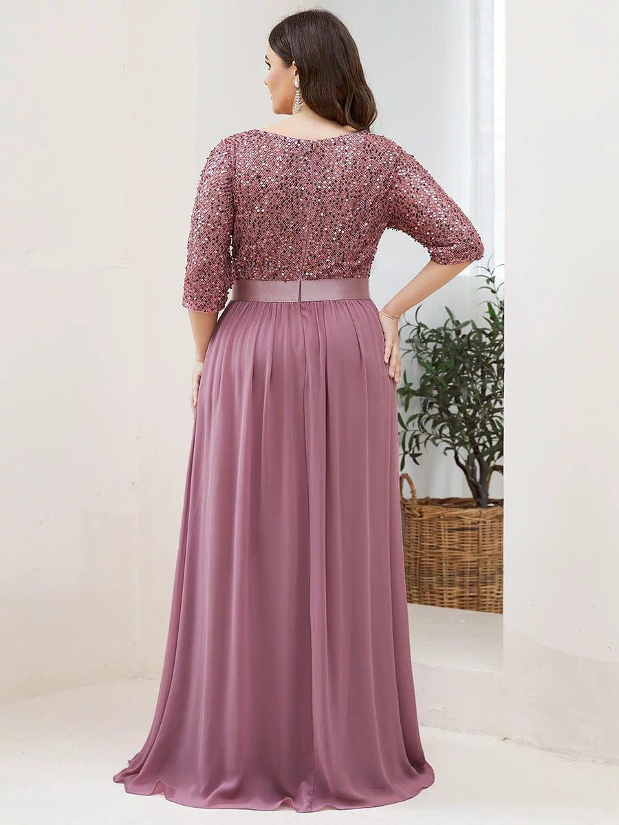 Plus Size Sequin 3/4 Sleeves Dresses #color_Purple Orchid 