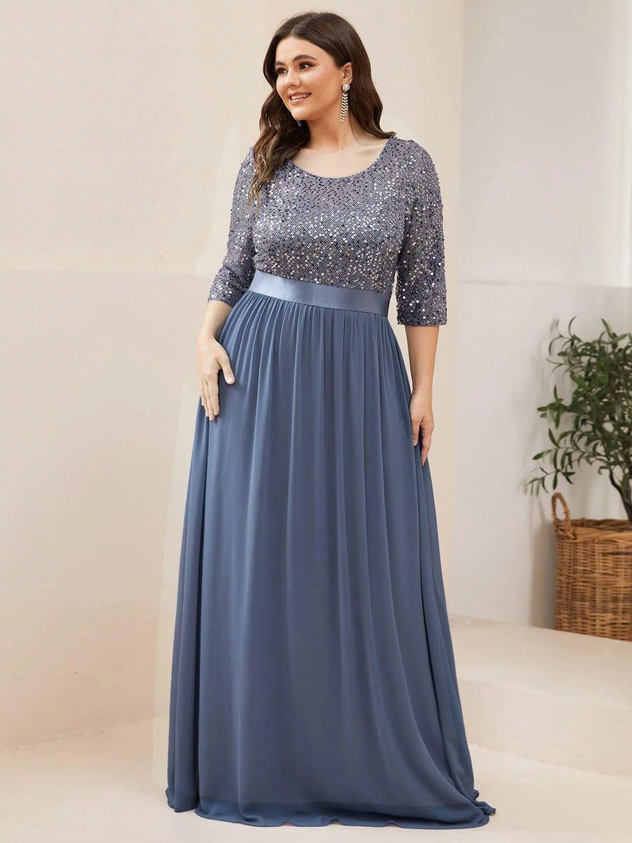Plus Size Sequin 3/4 Sleeves Dresses #color_Dusty Blue 