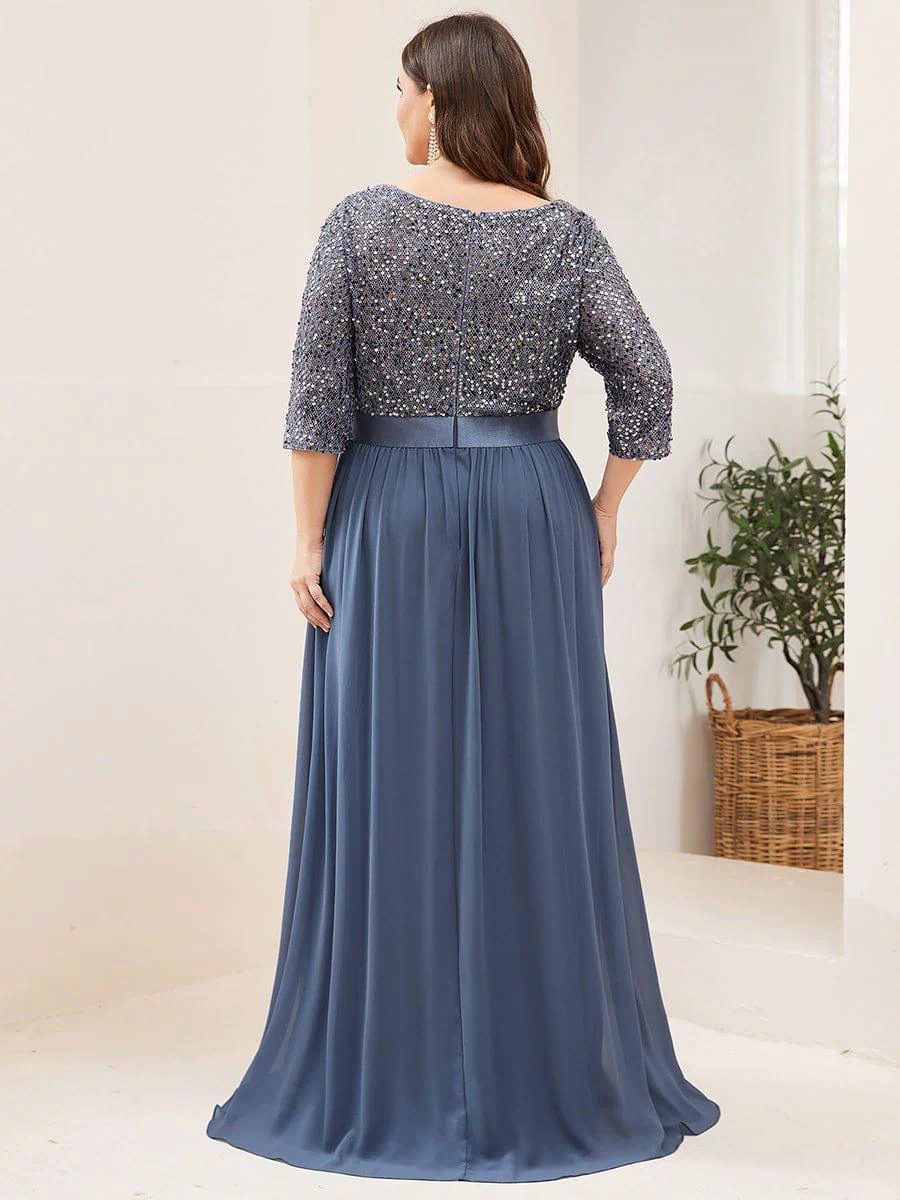 Plus Size Sequin 3/4 Sleeves Dresses #color_Dusty Blue 