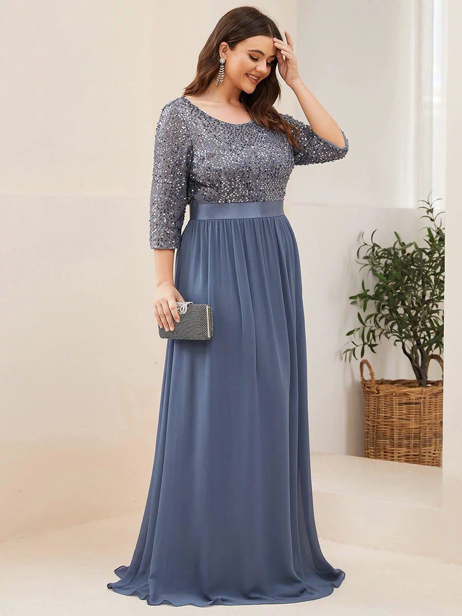 Plus Size Sequin 3/4 Sleeves Dresses #color_Dusty Blue 