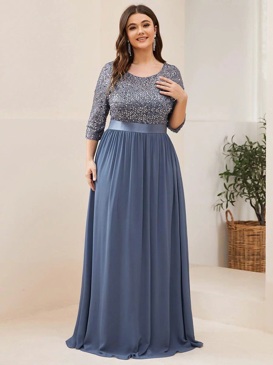 Plus Size Sequin 3/4 Sleeves Dresses #color_Dusty Blue 