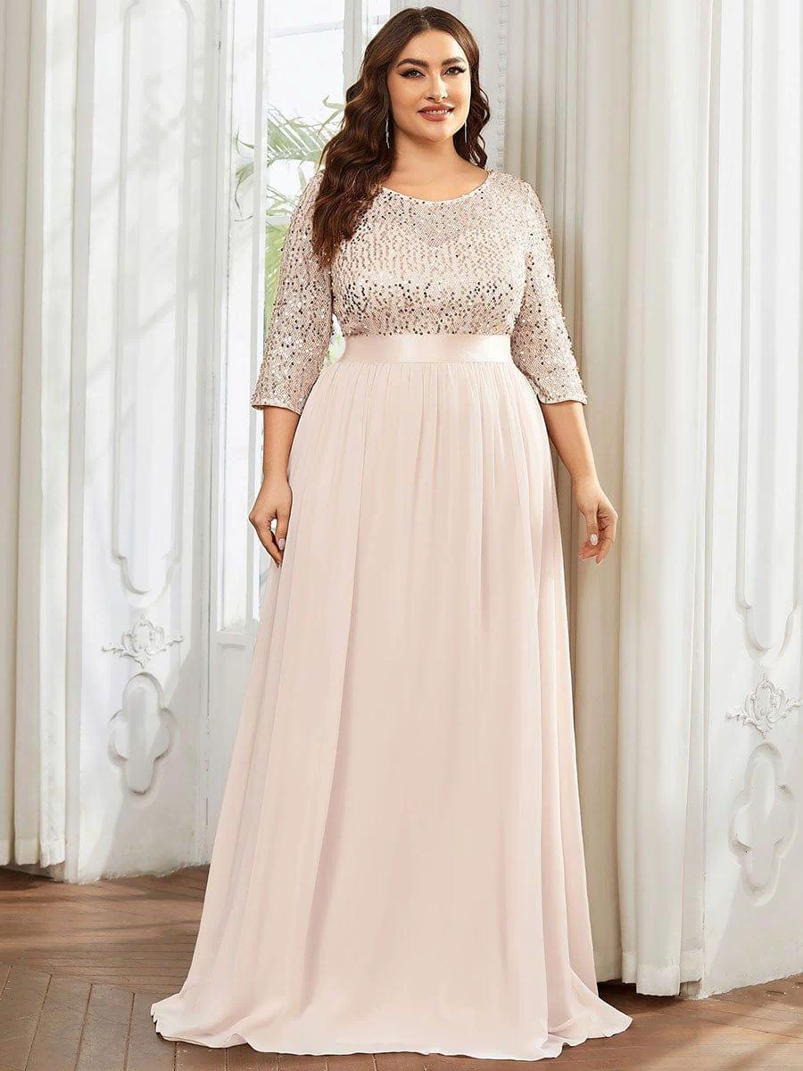 Plus Size Sequin 3/4 Sleeves Dresses #color_Blush