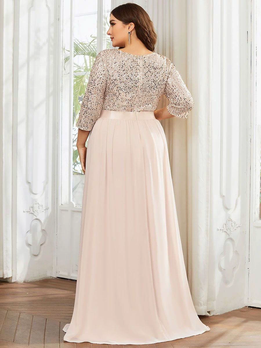 Plus Size Sequin 3/4 Sleeves Dresses #color_Blush