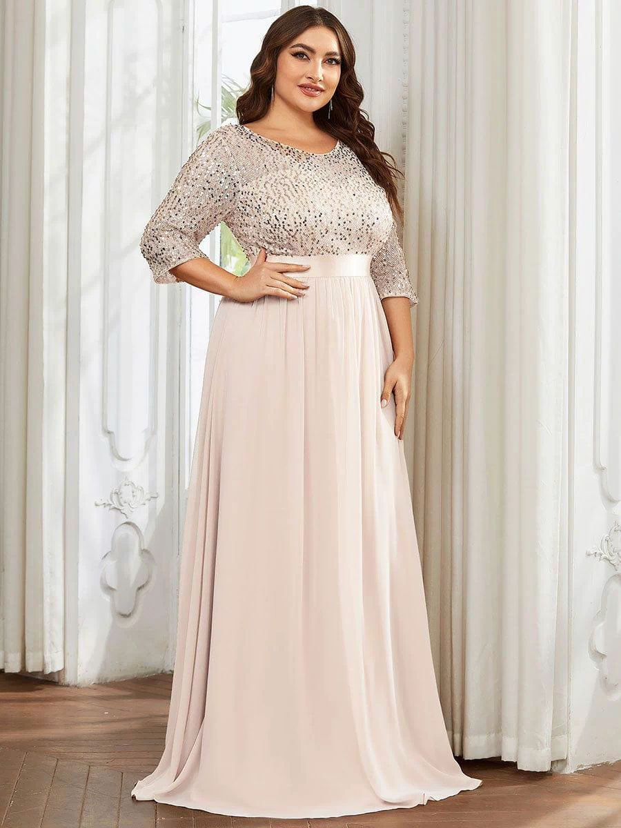 Plus Size Sequin 3/4 Sleeves Dresses #color_Blush