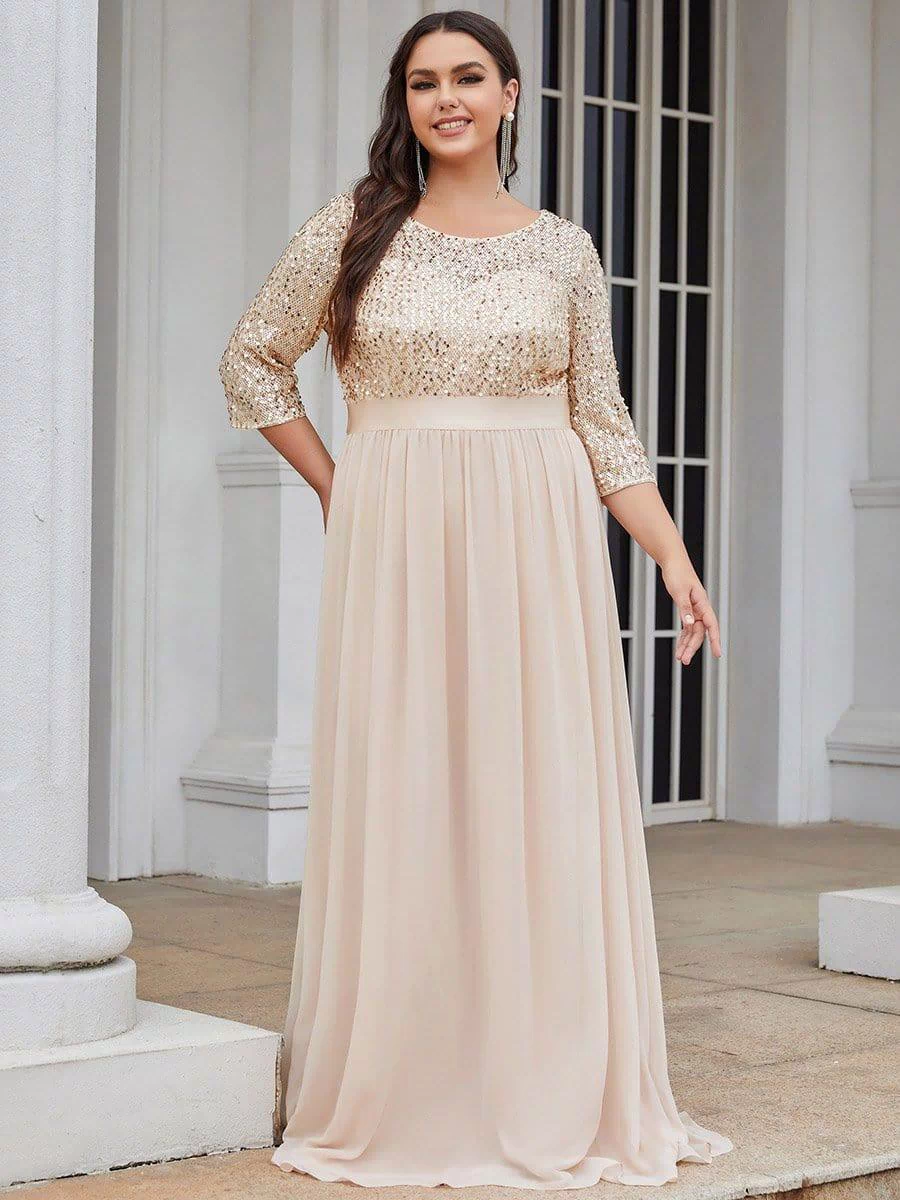 Plus Size Sequin 3/4 Sleeves Dresses #color_Blush 