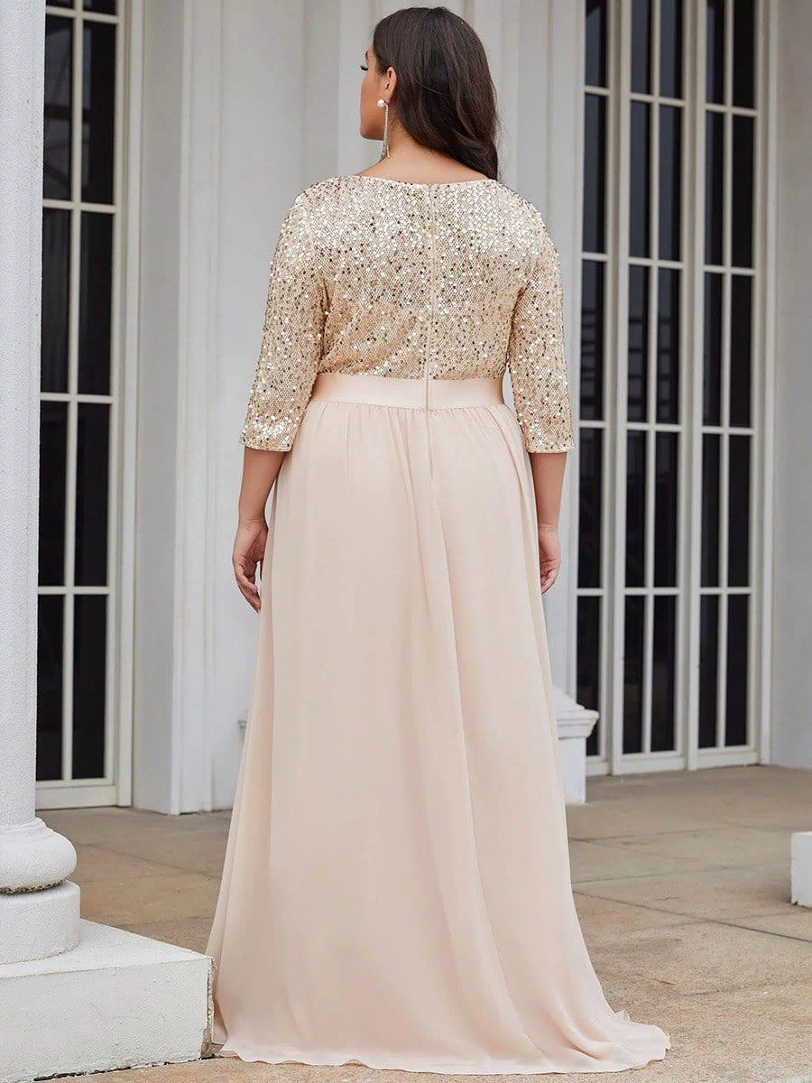 Plus Size Sequin 3/4 Sleeves Dresses #color_Blush 