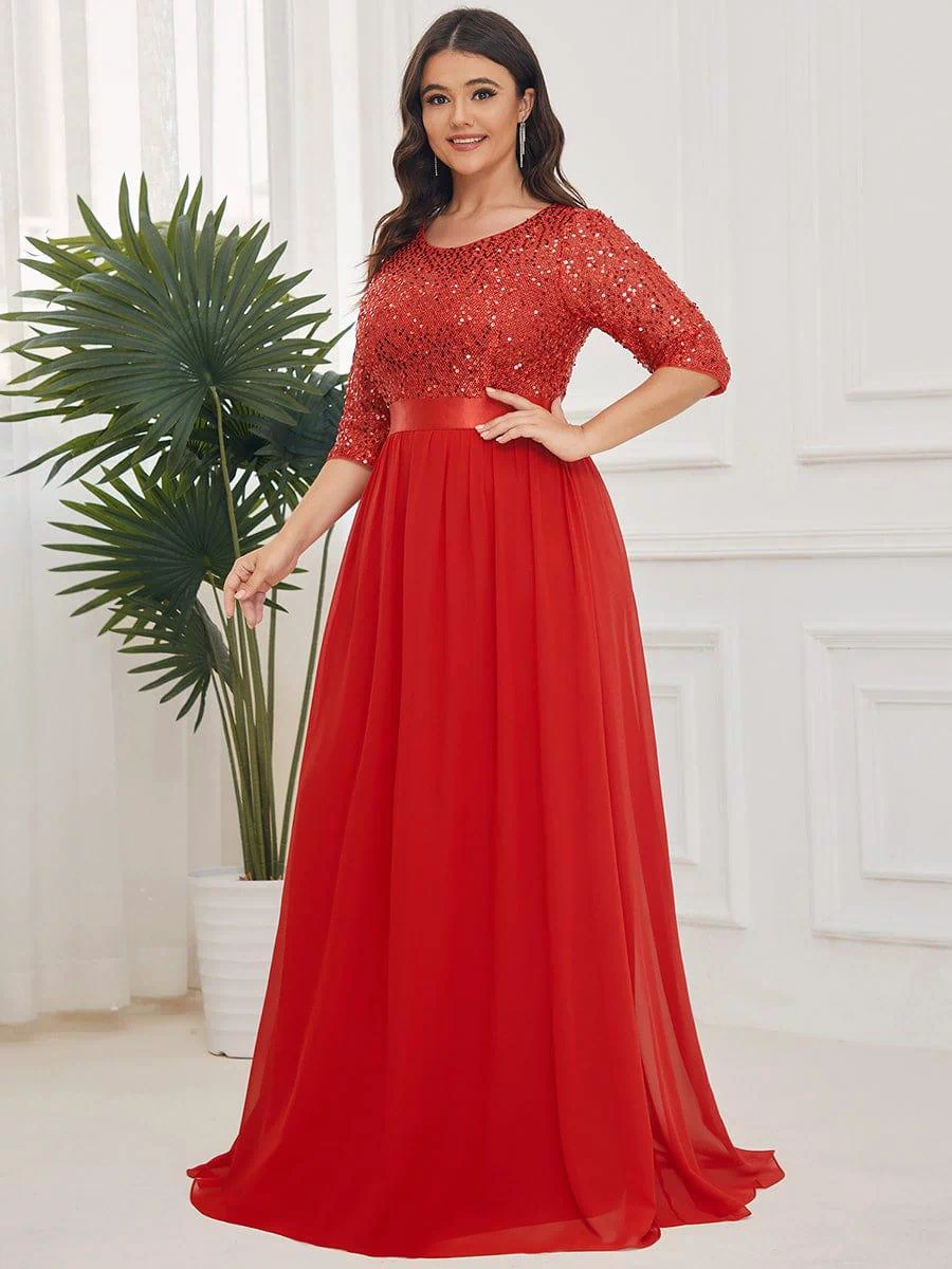 Plus Size Sequin 3/4 Sleeves Dresses #color_Red