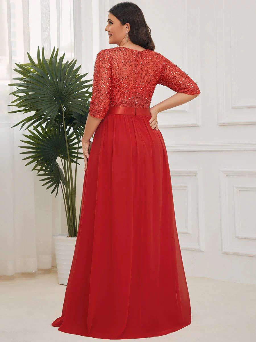 Plus Size Sequin 3/4 Sleeves Dresses #color_Red