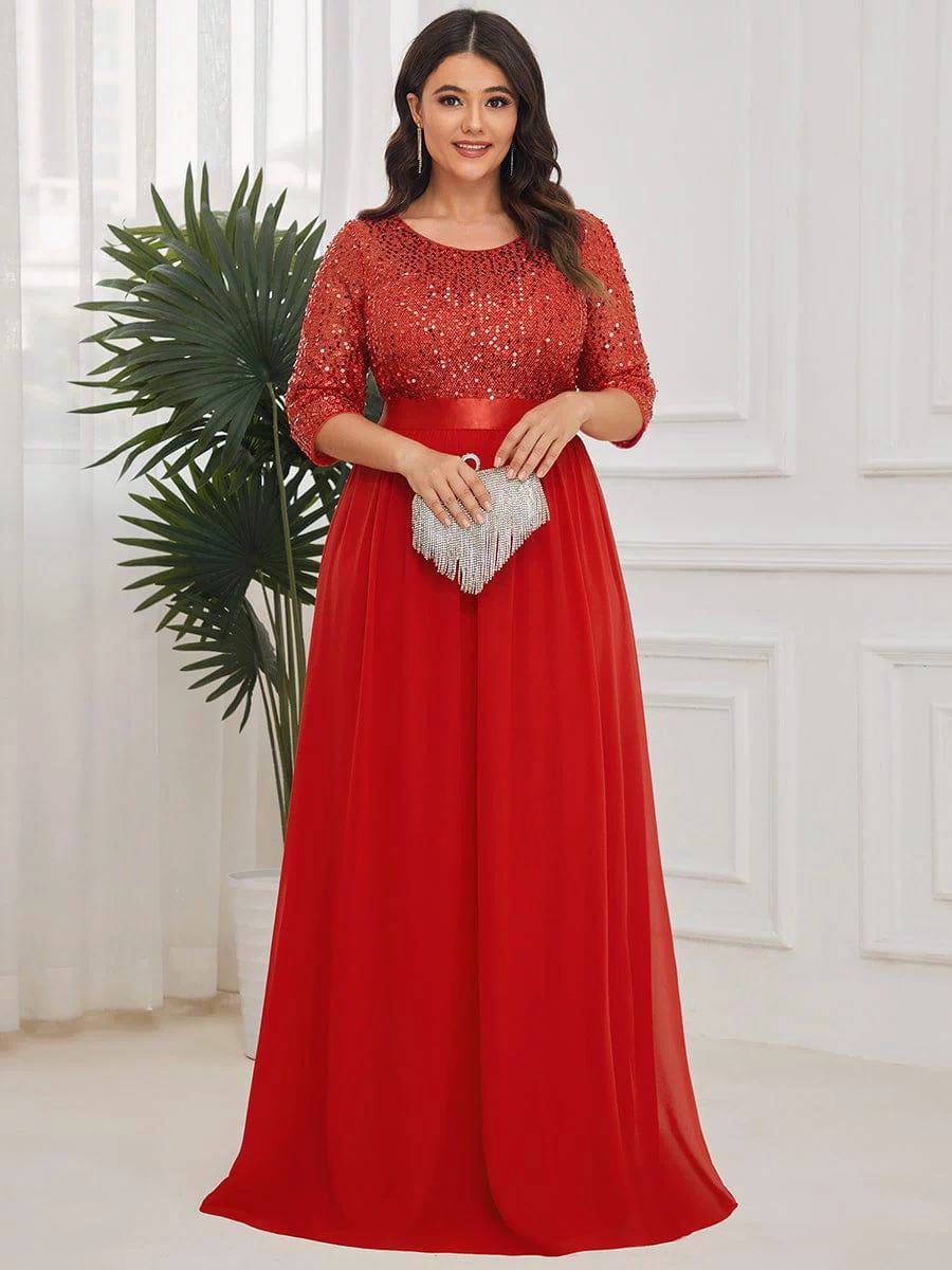 Plus Size Sequin 3/4 Sleeves Dresses #color_Red