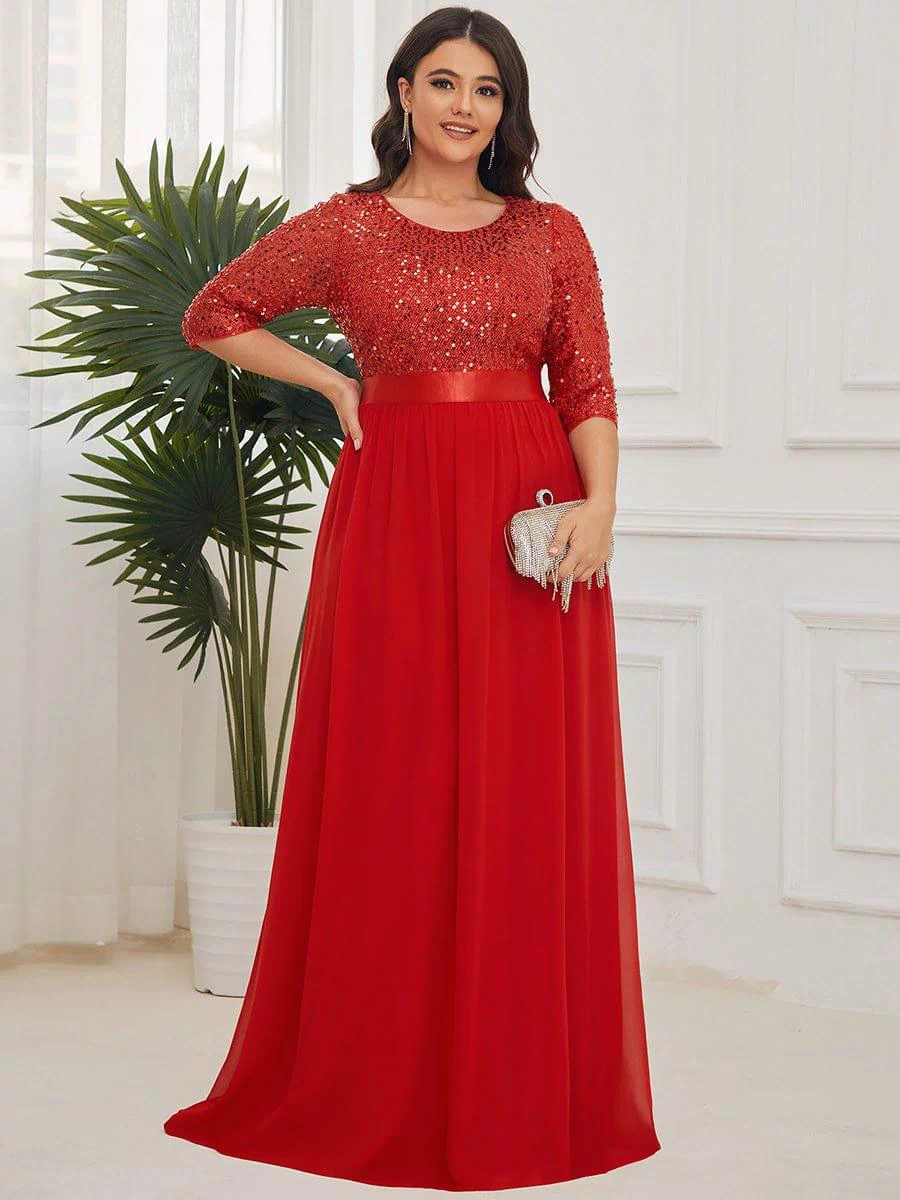 Plus Size Sequin 3/4 Sleeves Dresses #color_Red
