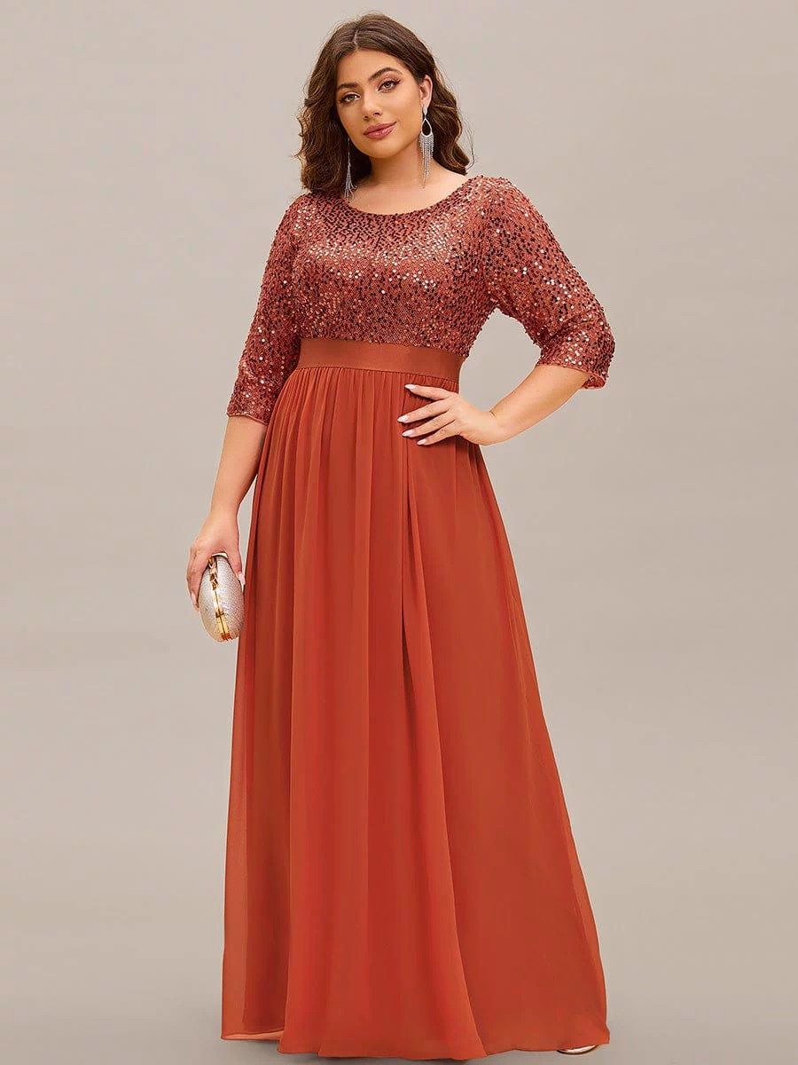 Plus Size Sequin 3/4 Sleeves Dresses #color_Burnt Orange
