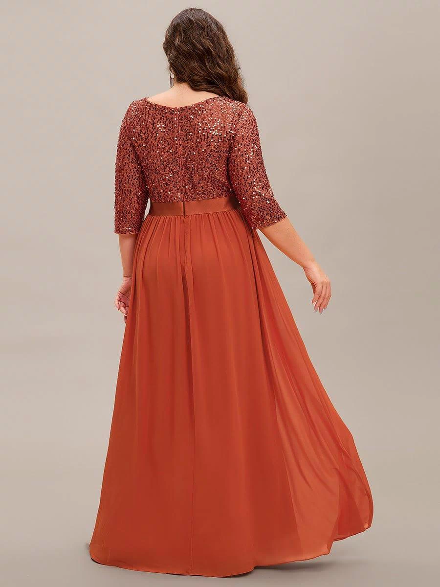 Plus Size Sequin 3/4 Sleeves Dresses #color_Burnt Orange
