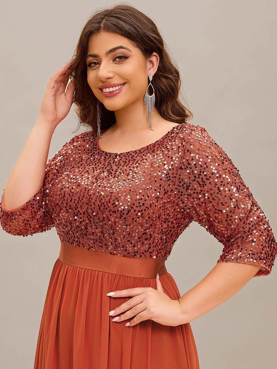 Plus Size Sequin 3/4 Sleeves Dresses #color_Burnt Orange
