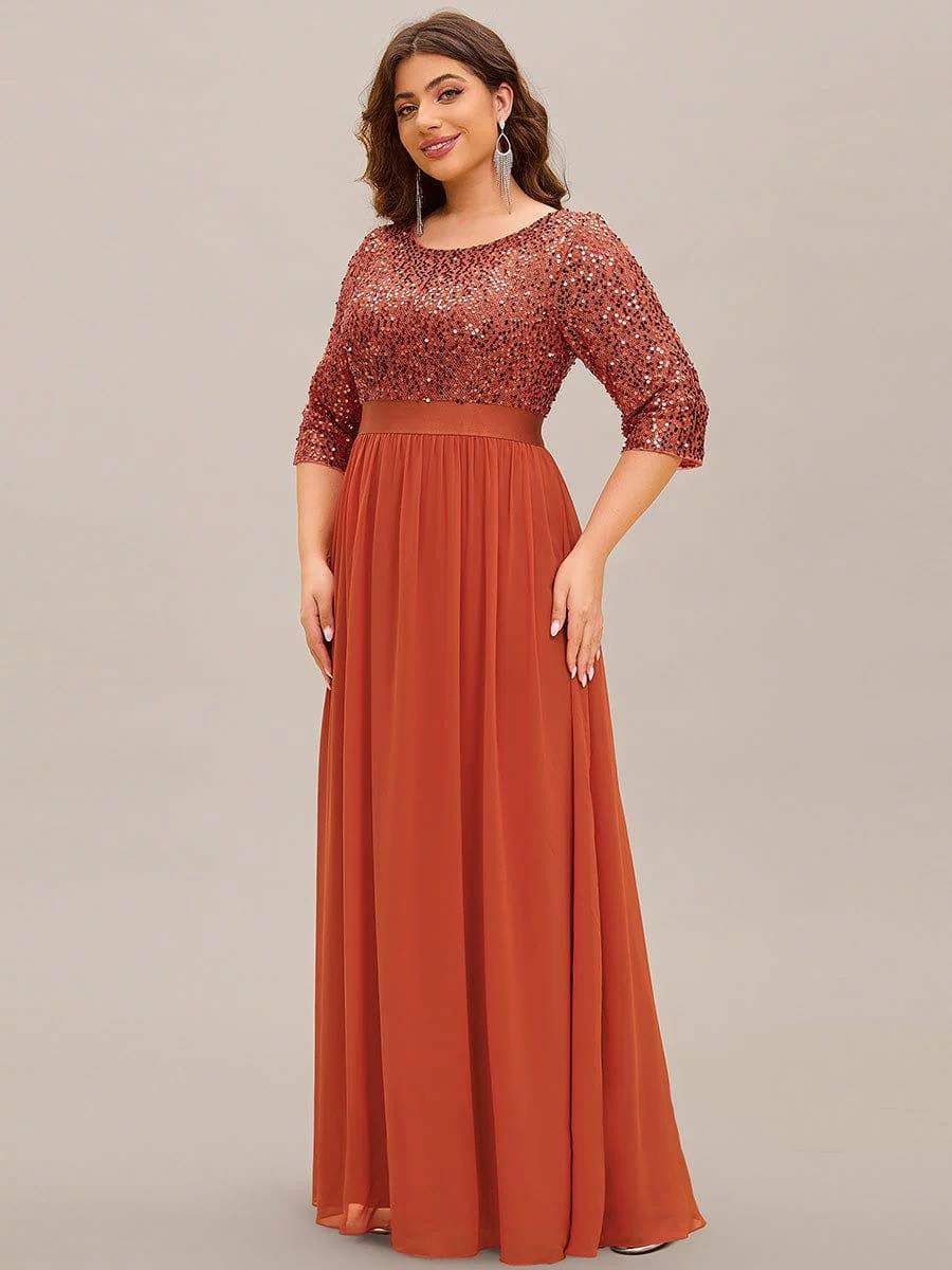 Plus Size Sequin 3/4 Sleeves Dresses #color_Burnt Orange