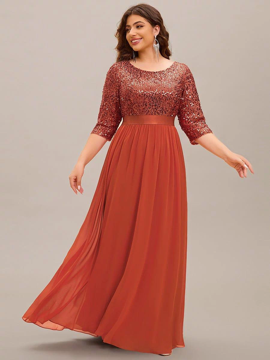 Plus Size Sequin 3/4 Sleeves Dresses #color_Burnt Orange