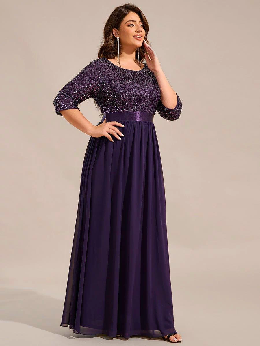 Plus Size Sequin 3/4 Sleeves Dresses #color_Dark Purple