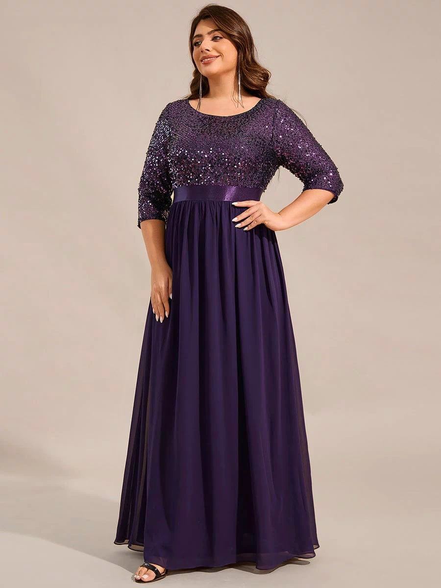 Plus Size Sequin 3/4 Sleeves Dresses #color_Dark Purple