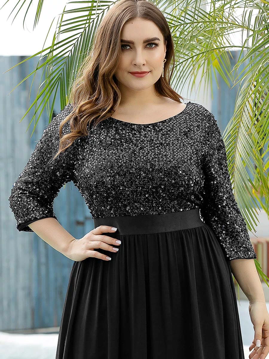 Plus Size Sequin 3/4 Sleeves Dresses #color_Black