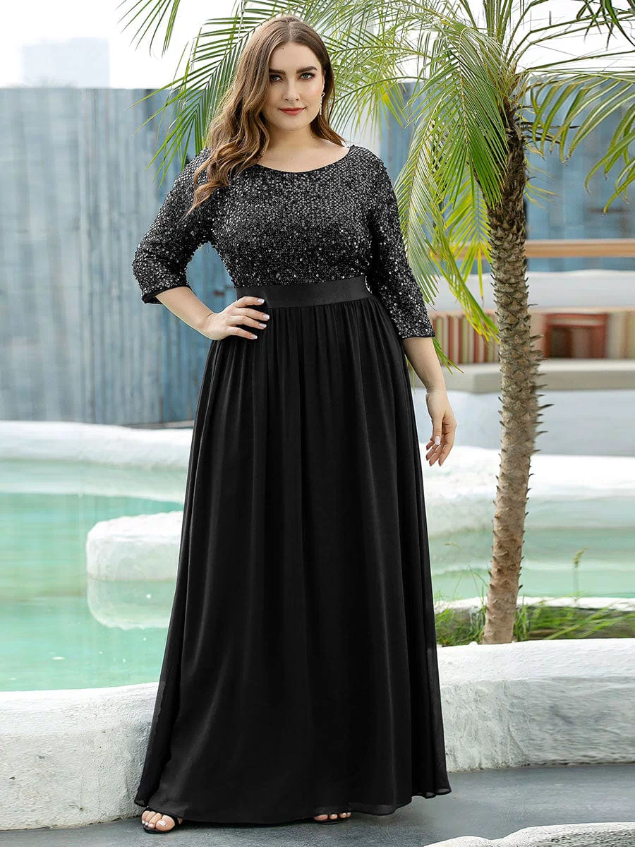 Plus Size Sequin 3/4 Sleeves Dresses #color_Black