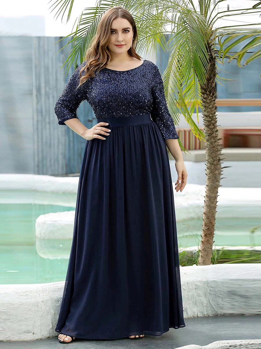Plus Size Sequin 3/4 Sleeves Dresses #color_Navy Blue