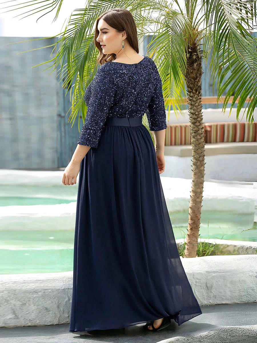 Plus Size Sequin 3/4 Sleeves Dresses #color_Navy Blue