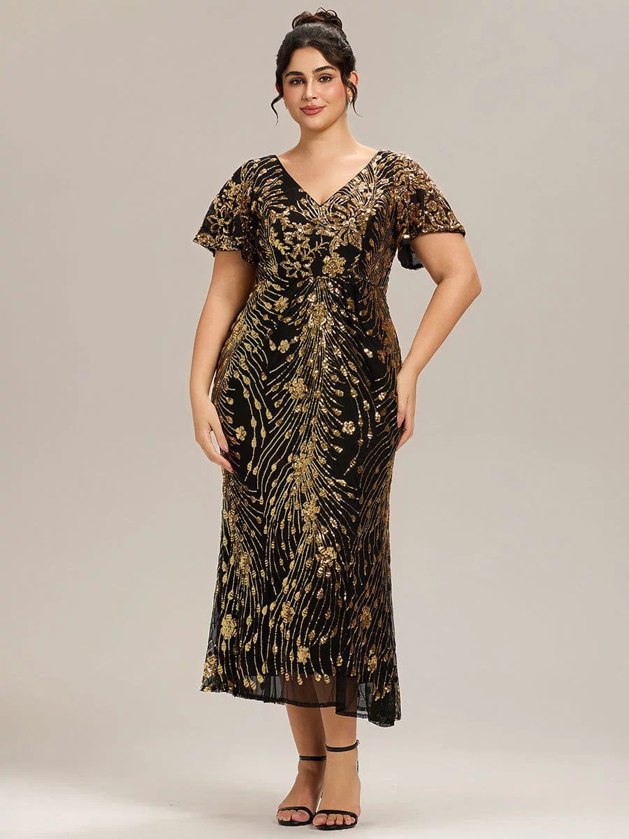 Sequin Ruffle Sleeve Evening Dress #color_Black & Gold
