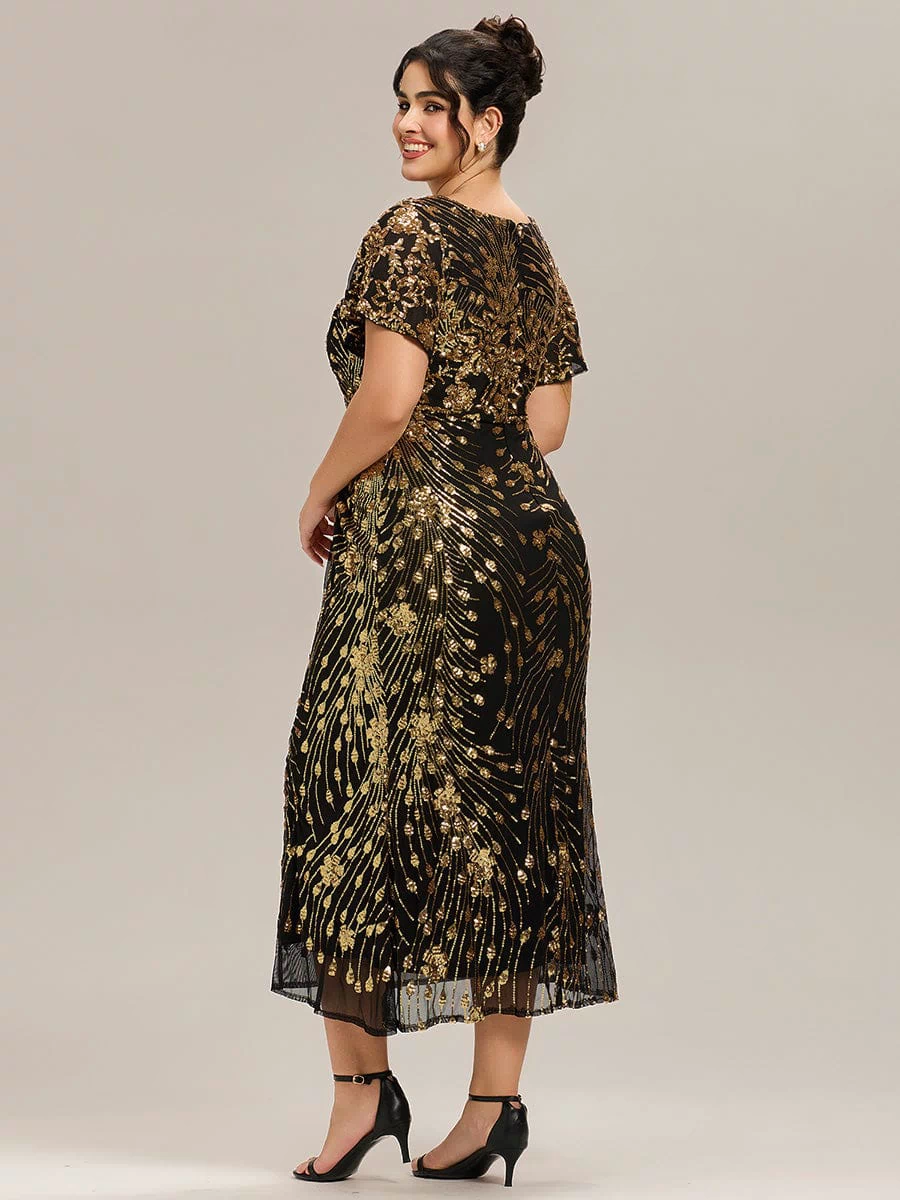 Sequin Ruffle Sleeve Evening Dress #color_Black & Gold