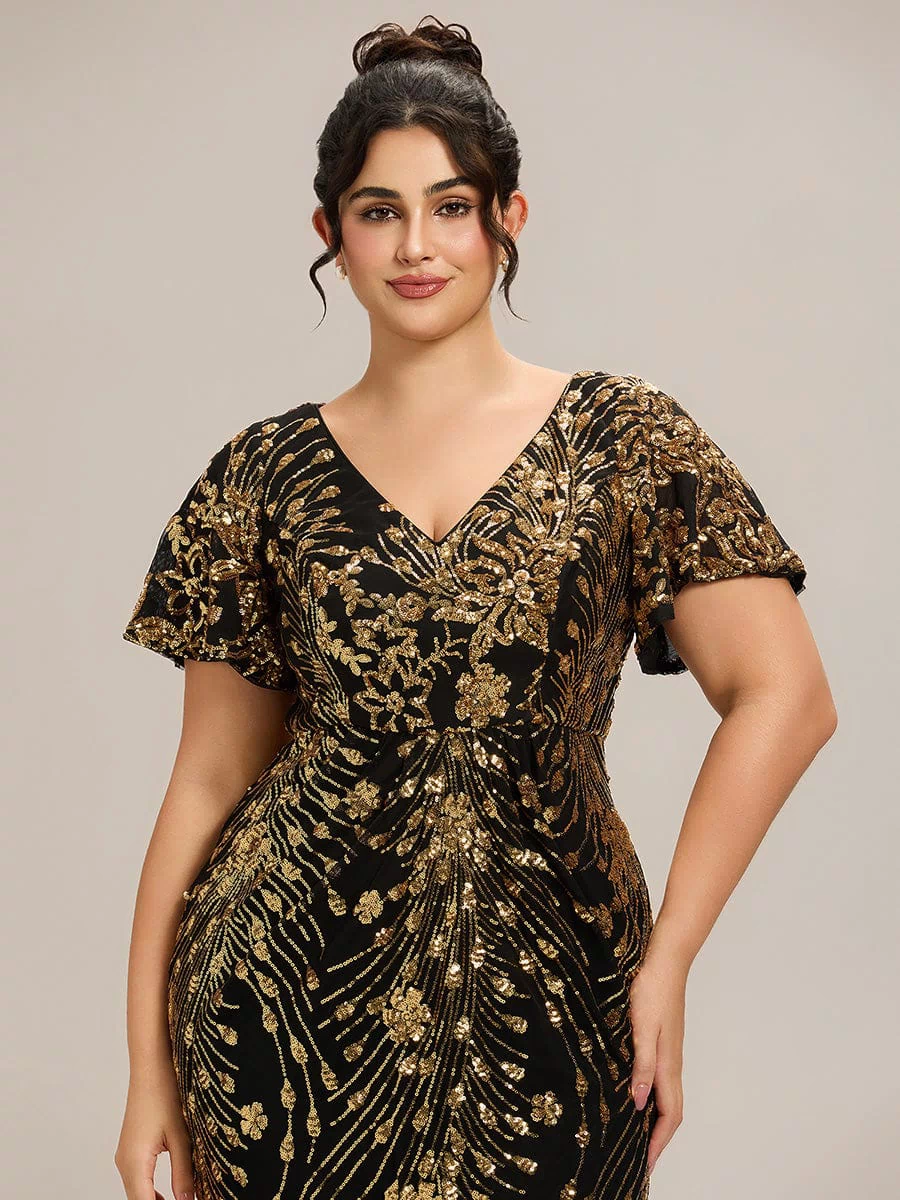 Sequin Ruffle Sleeve Evening Dress #color_Black & Gold