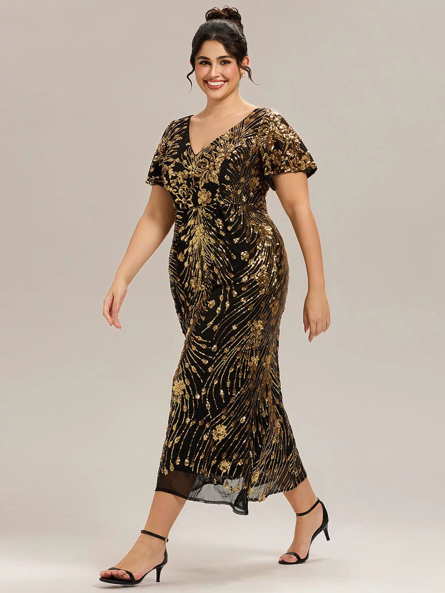 Sequin Ruffle Sleeve Evening Dress #color_Black & Gold