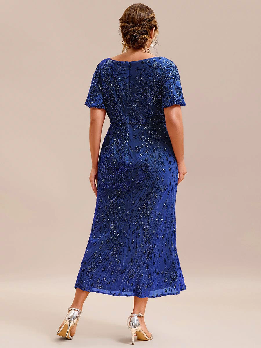 Sequin Ruffle Sleeve Evening Dress #color_Sapphire Blue