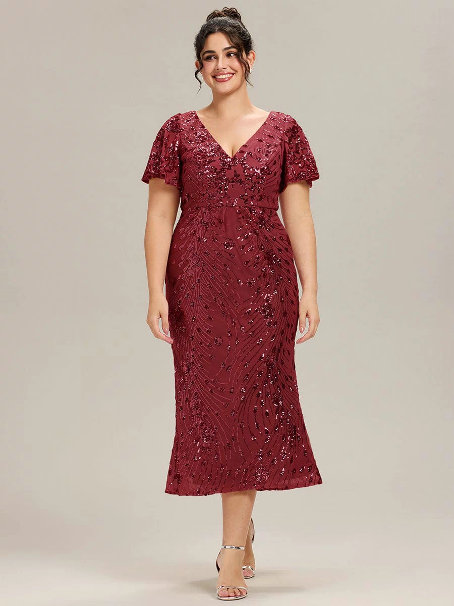 Sequin Ruffle Sleeve Evening Dress #color_Burgundy