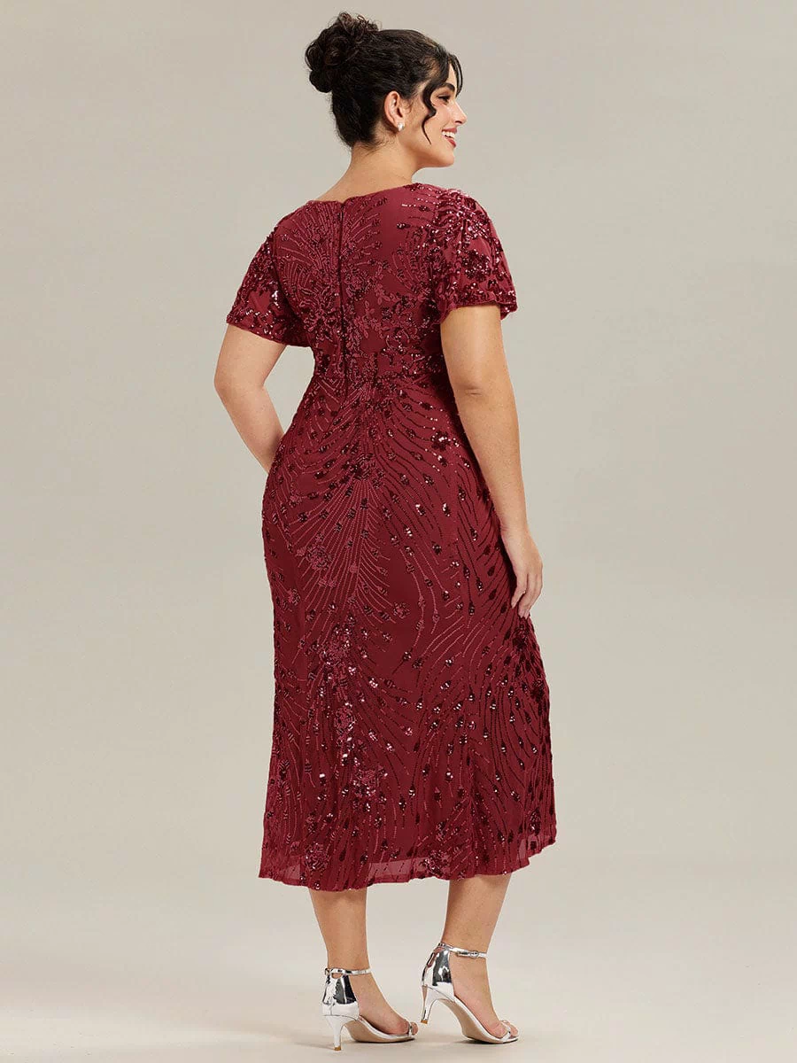 Sequin Ruffle Sleeve Evening Dress #color_Burgundy