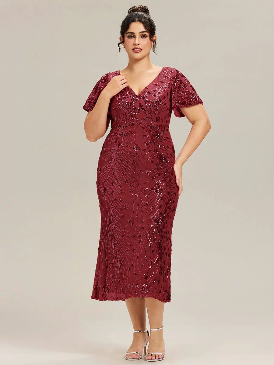 Sequin Ruffle Sleeve Evening Dress #color_Burgundy
