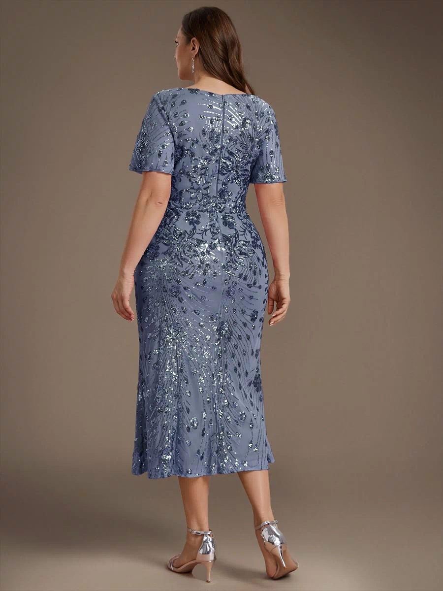 Sequin Ruffle Sleeve Evening Dress #color_Dusty Blue