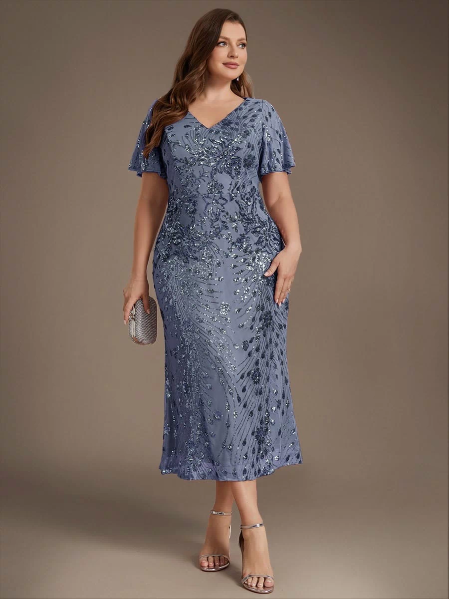 Sequin Ruffle Sleeve Evening Dress #color_Dusty Blue